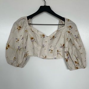 H&M linen blend, cropped, floral, balloon sleeve top | size S